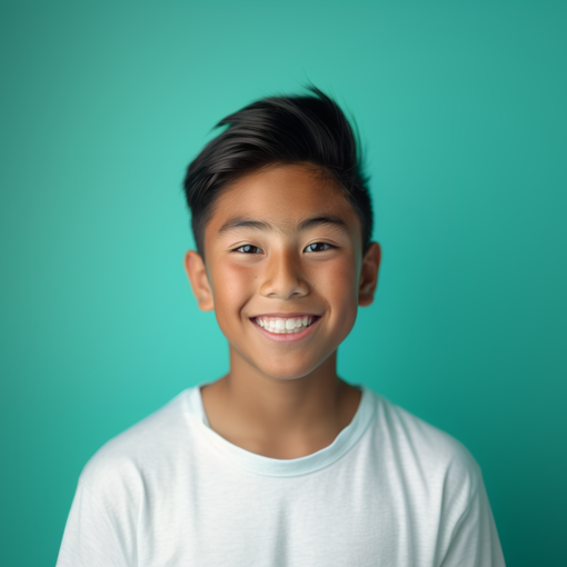 A young boy in a white shirt is smiling in front of a blue background.