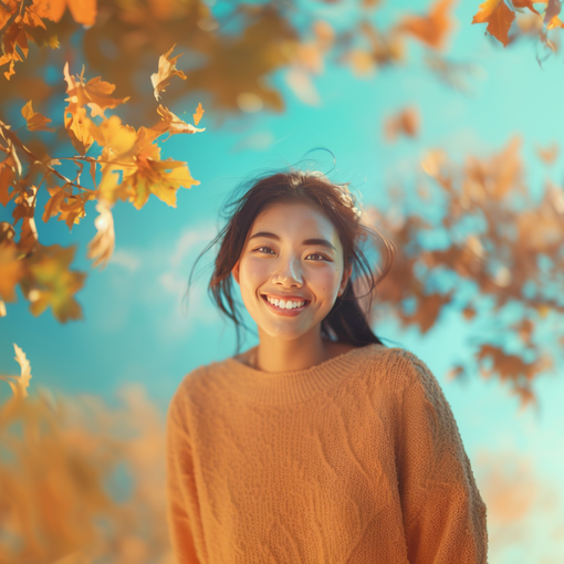 A woman in an orange sweater is smiling in front of a tree with autumn leaves.