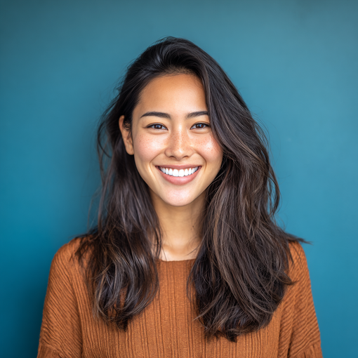 Smiling young woman with long dark hair, wearing a brown sweater against a blue background.