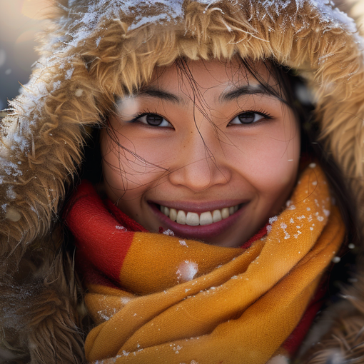 A woman wearing a fur hat and scarf is smiling