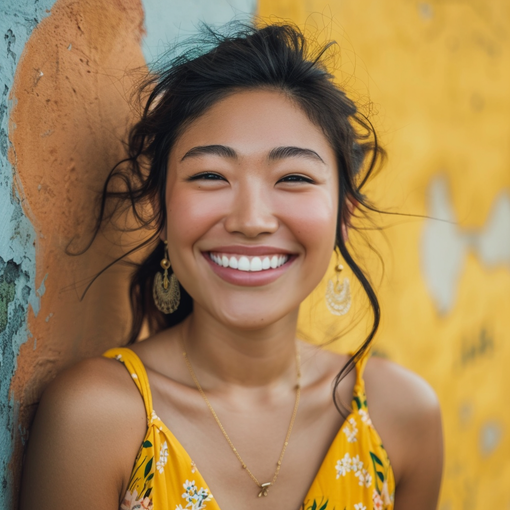 A woman in a yellow dress is smiling and leaning against a wall