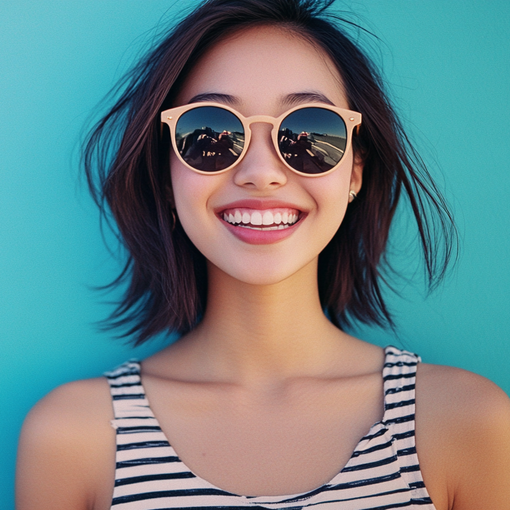 A woman wearing sunglasses and a striped tank top is smiling