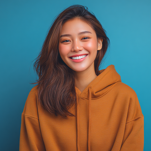 Smiling Asian woman in an orange hoodie against a blue backdrop.