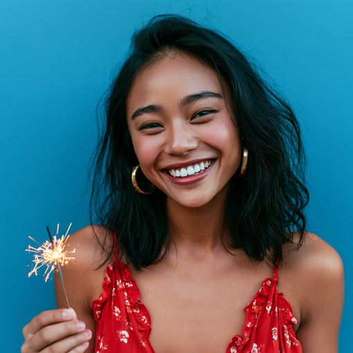 Smiling woman in a red dress holding a lit sparkler against a blue background