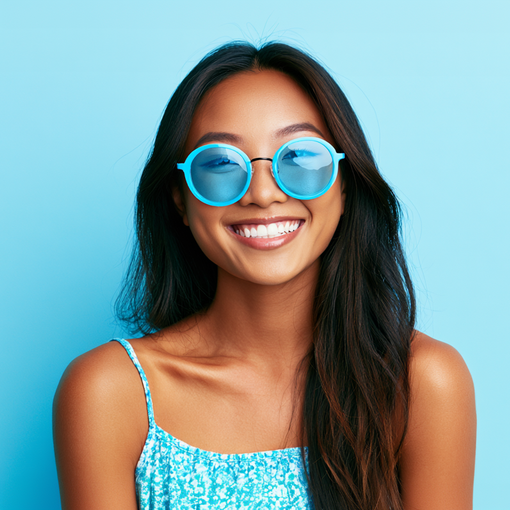 Smiling person in blue sunglasses and a blue top against a light blue background