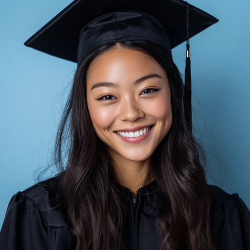 Smiling graduate in a black cap and gown against a light blue background