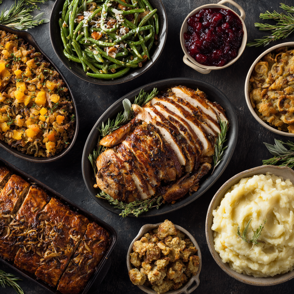 Overhead view of a Thanksgiving spread: sliced turkey, mashed potatoes, stuffing, green beans, and cranberry sauce.