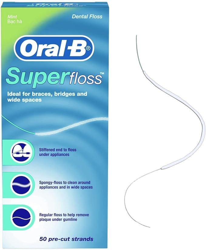 A box of Oral-B Super Floss next to a single pre-cut strand of floss designed for braces, bridges, and wide gaps.