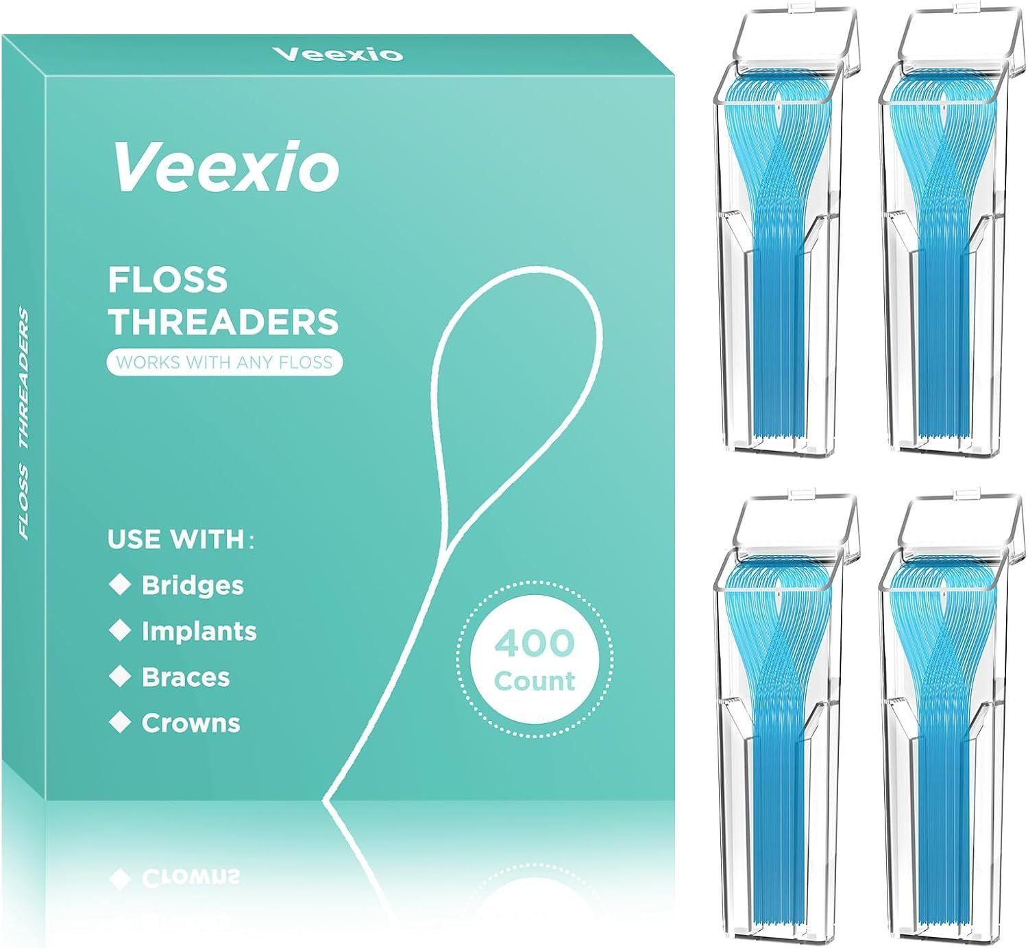 A Veexio box of 400 floss threaders for use with braces, bridges, and implants, next to four clear cases of blue threaders.