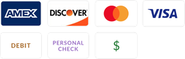 Amex, Discover, MasterCard, Visa, Debit, Personal Check, and Cash logos
