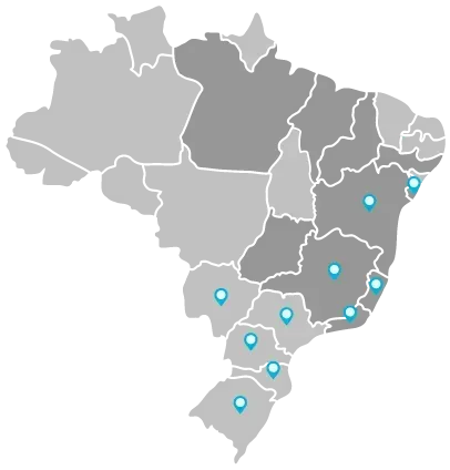 Um mapa do Brasil com alfinetes azuis.