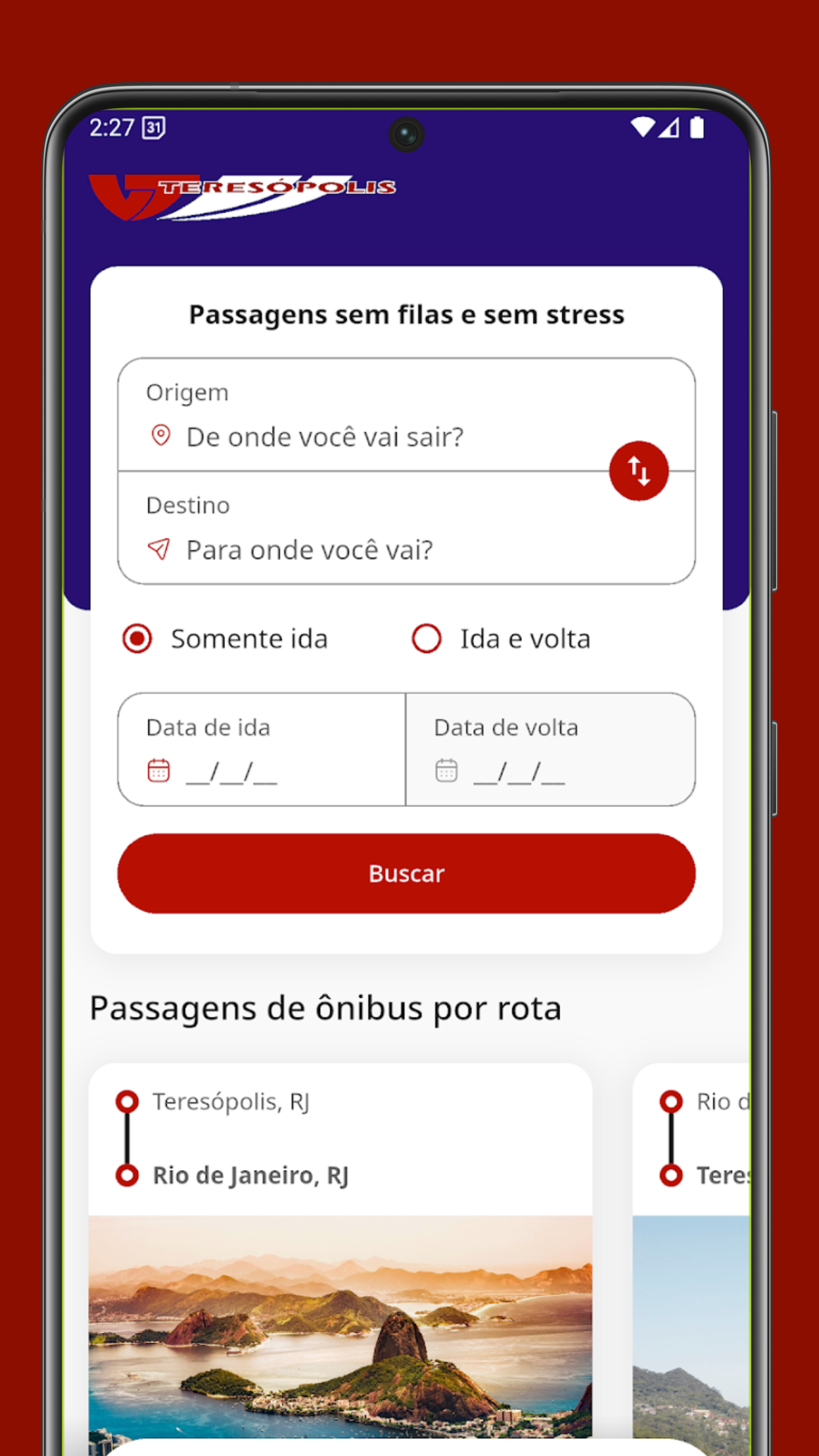 Tela de aplicativo para smartphone para reserva de passagens de ônibus, exibindo campos de busca de viagens e rotas 