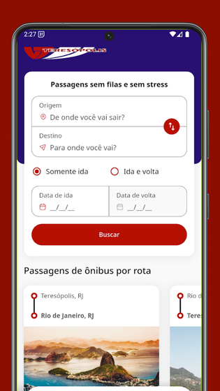 Tela de aplicativo para smartphone para reserva de passagens de ônibus, exibindo campos de busca de viagens e rotas 