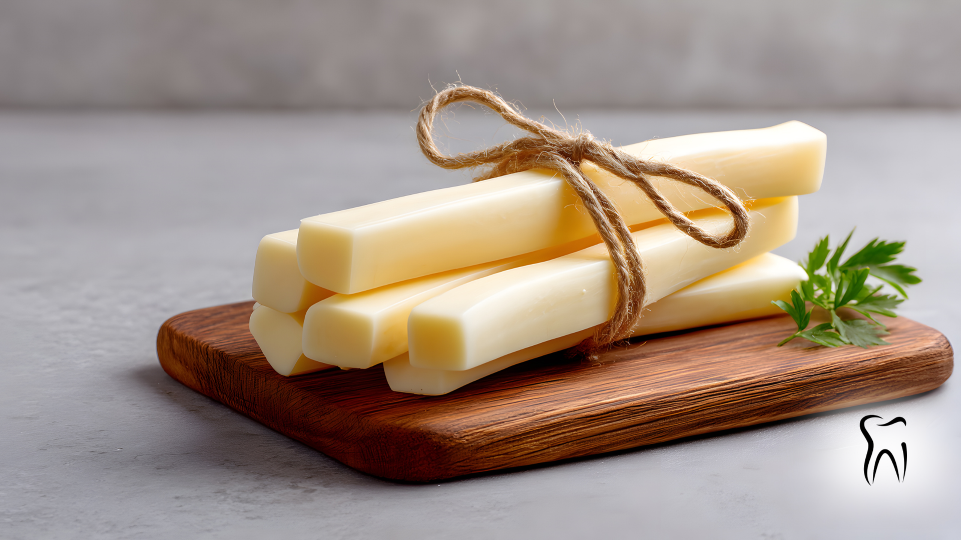 Cheese sticks tied with twine on a wooden board with parsley, on a gray surface.