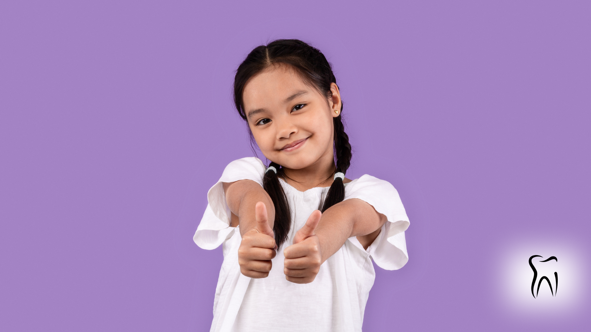Girl with pigtails giving a thumbs-up gesture against a purple backdrop.