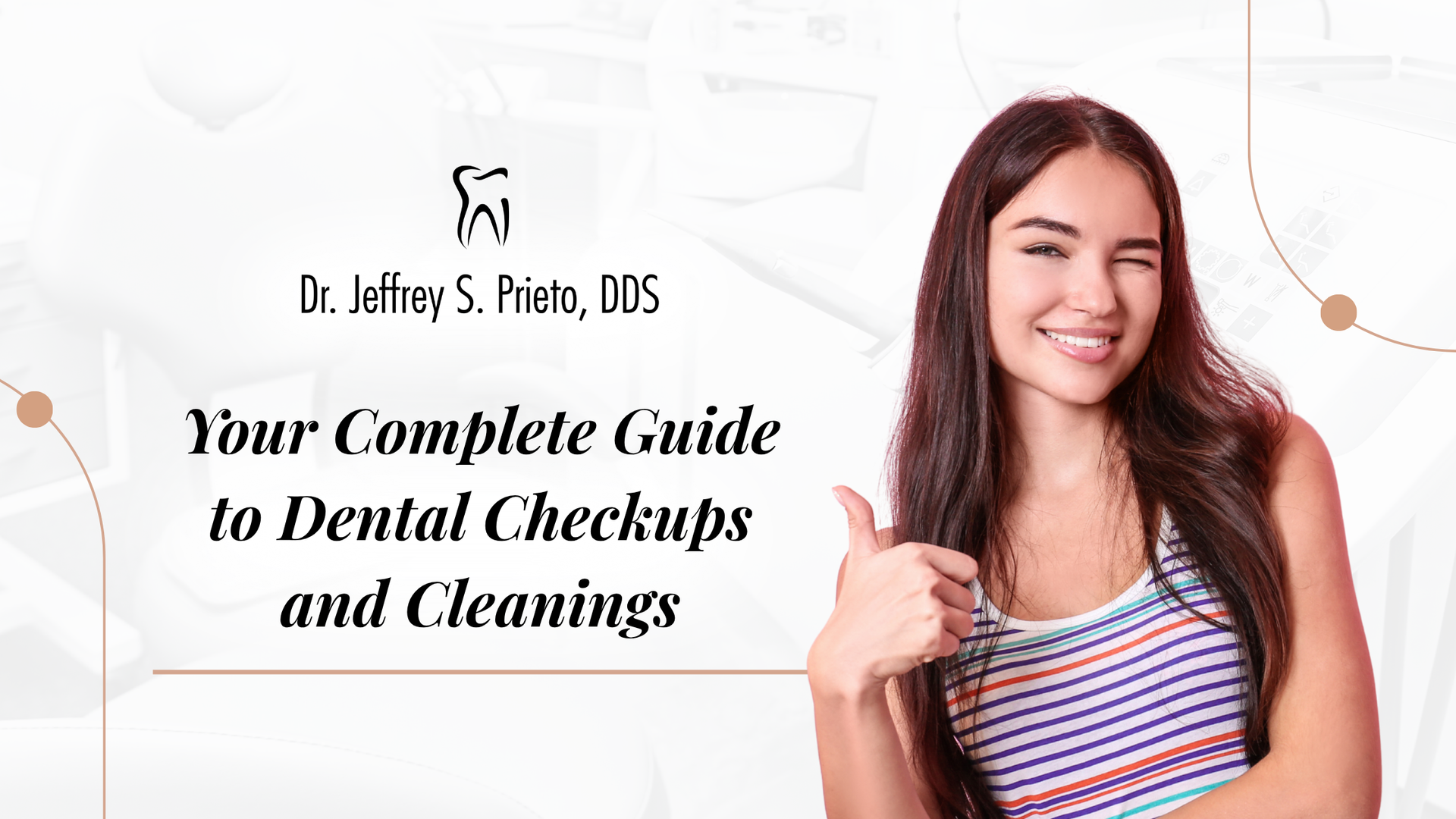 Woman winking and giving a thumbs-up next to dental checkup guide title.