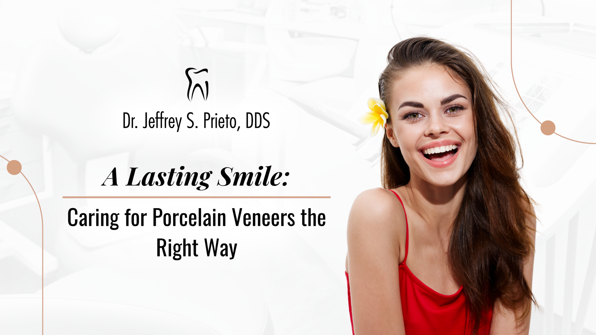 Smiling woman with flower, text: 