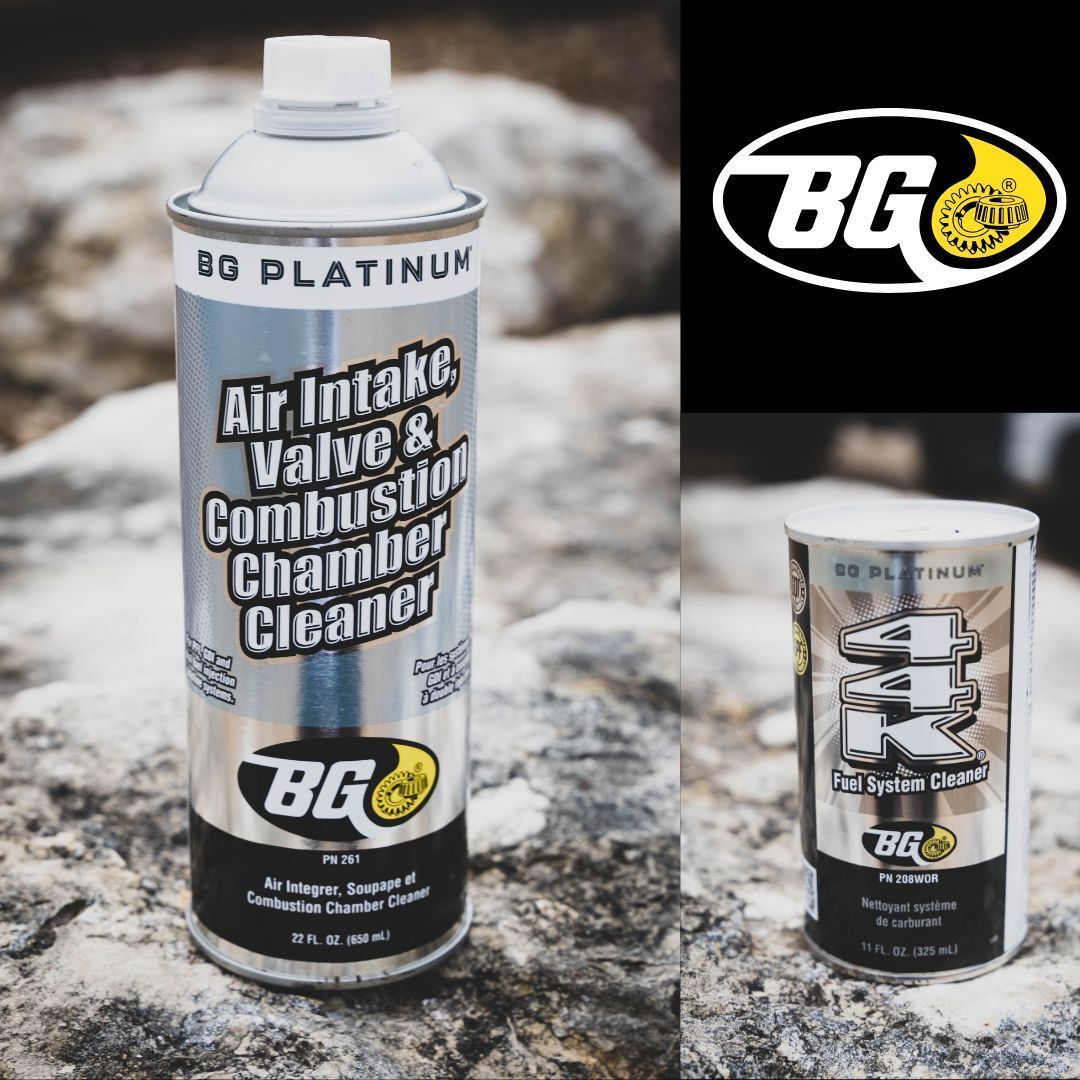 A can of BG Platinum air intake cleaner and the BG logo on a rock surface. | Mountain Top Service Center
