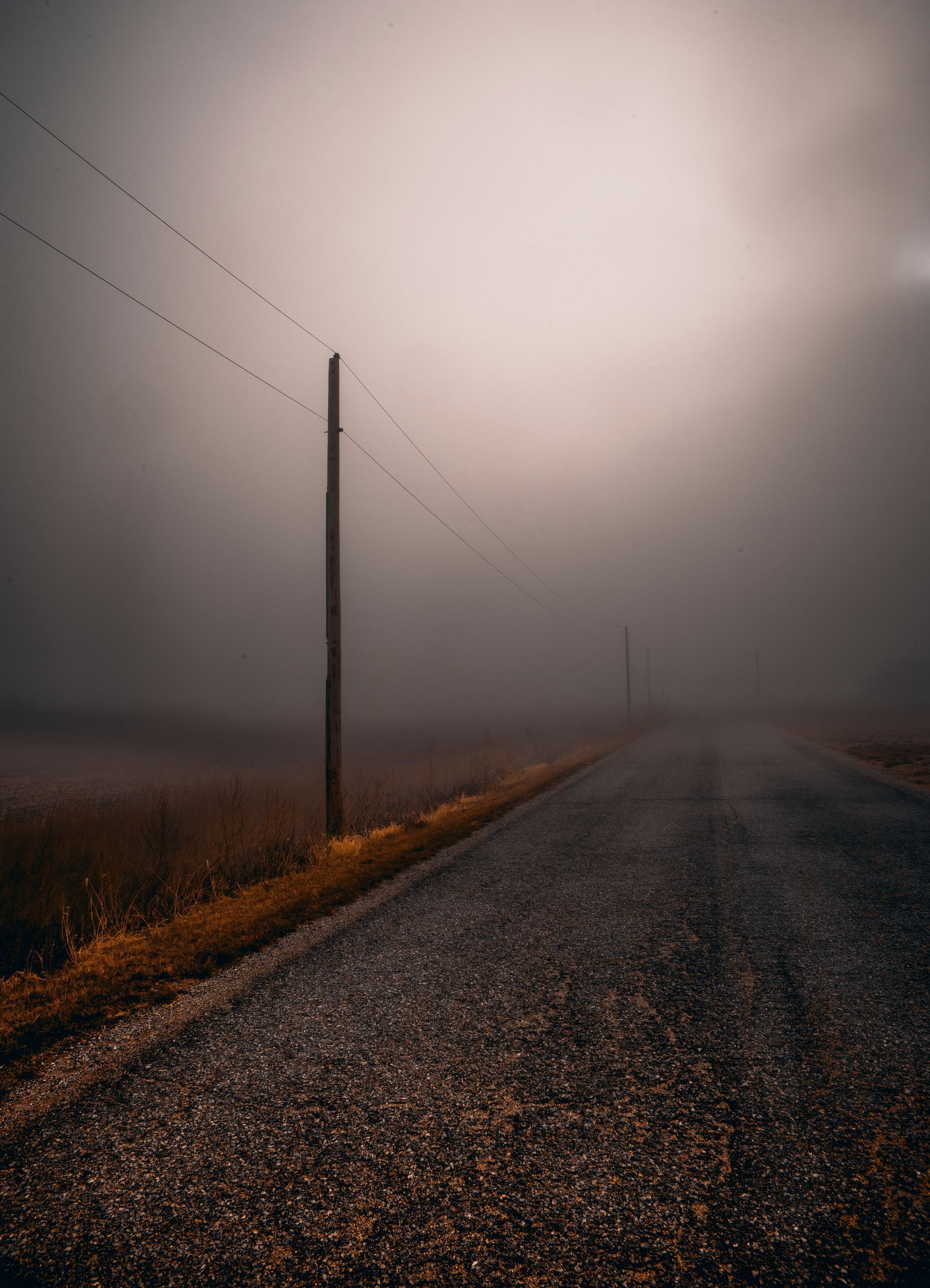 Gravel road disappearing into thick fog, flanked by fields and utility poles with faint birds on the wires.