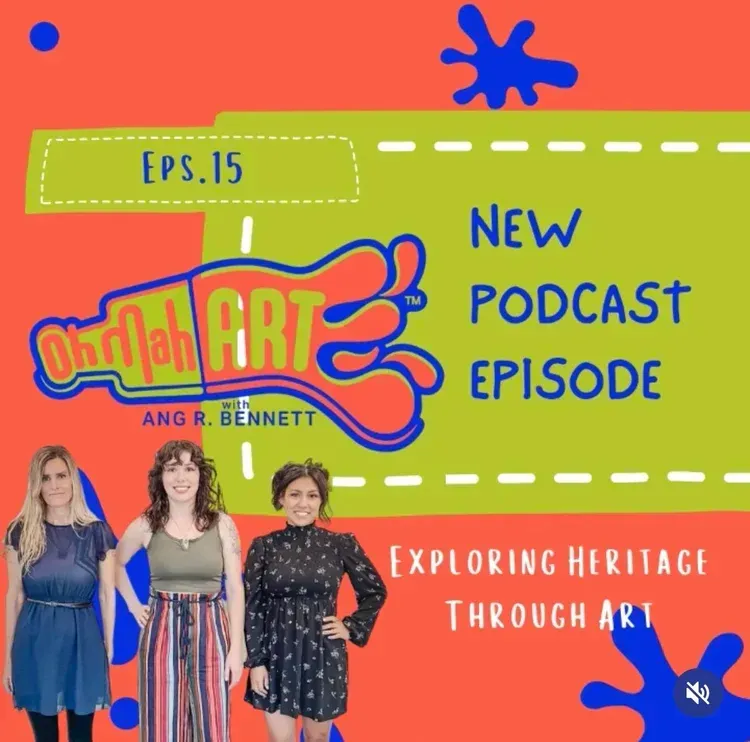 Podcast advertisement with three women, orange background, 