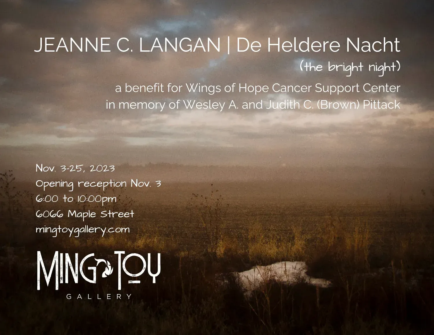 Poster: Art exhibition for Wings of Hope. Features artwork by Jeanne C. Langan at Ming Toy Gallery, with event details and landscape background.