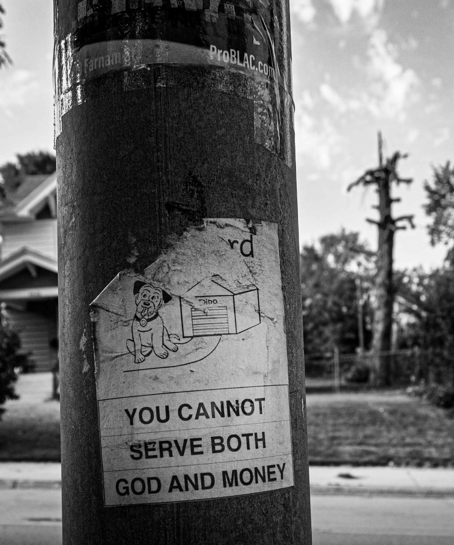 Black and white photo of a utility pole with a torn sign: 
