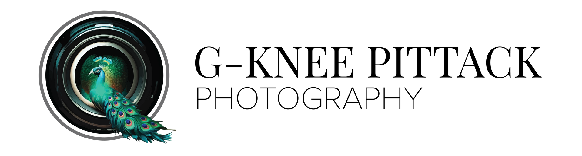 A logo for g-knee pittack photography with a camera lens and peacock