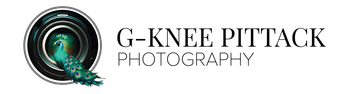 A logo for g-knee pittack photography with a camera lens and peacock