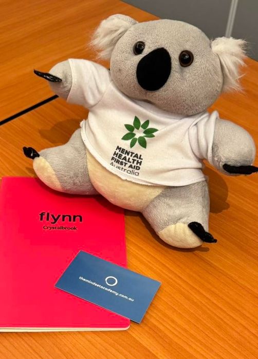 Koala plushie wearing Mental Health First Aid shirt, next to a pink notebook and blue card.