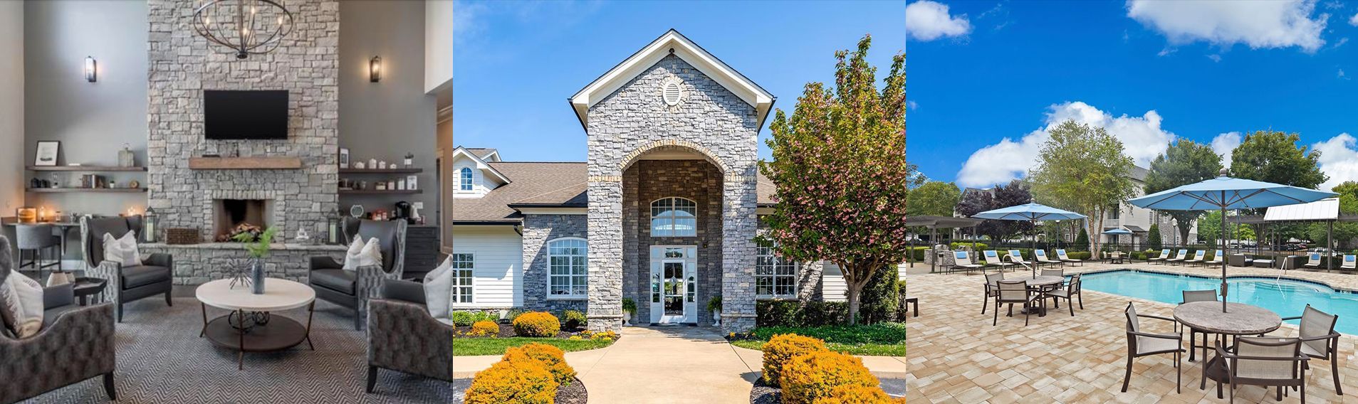 Stone-arched building entrance with double doors, flanked by bushes and trees; sunny day.