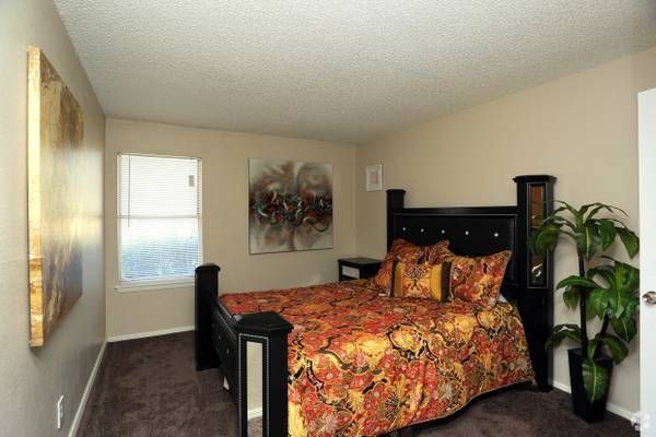 Bedroom with black bed, floral bedding, art, and a potted plant.