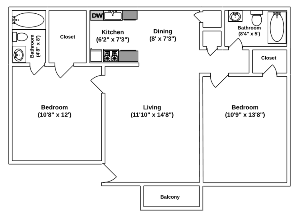 Floor Plan: 2 Bed · 1 Bath · 900 SQ. FT.