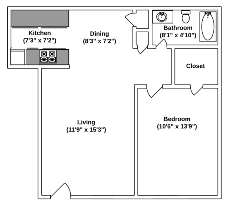 Floor Plan: 1 Bed · 1 Bath · 700 SQ. FT.