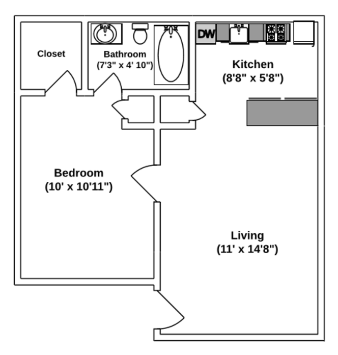 Floor Plan: 1 Bed · 1 Bath · 500 SQ. FT.