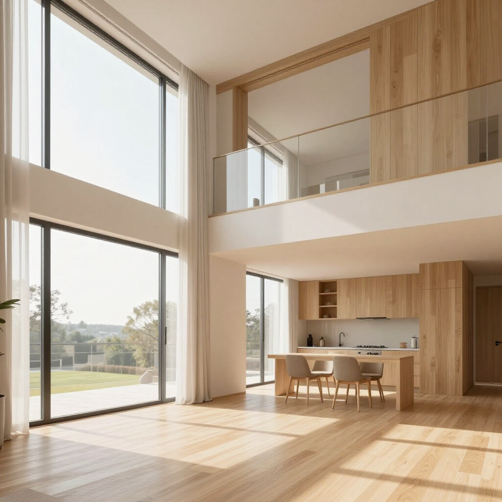 Loft moderno y luminoso con grandes ventanales, acabados de madera y un comedor bajo un altillo.