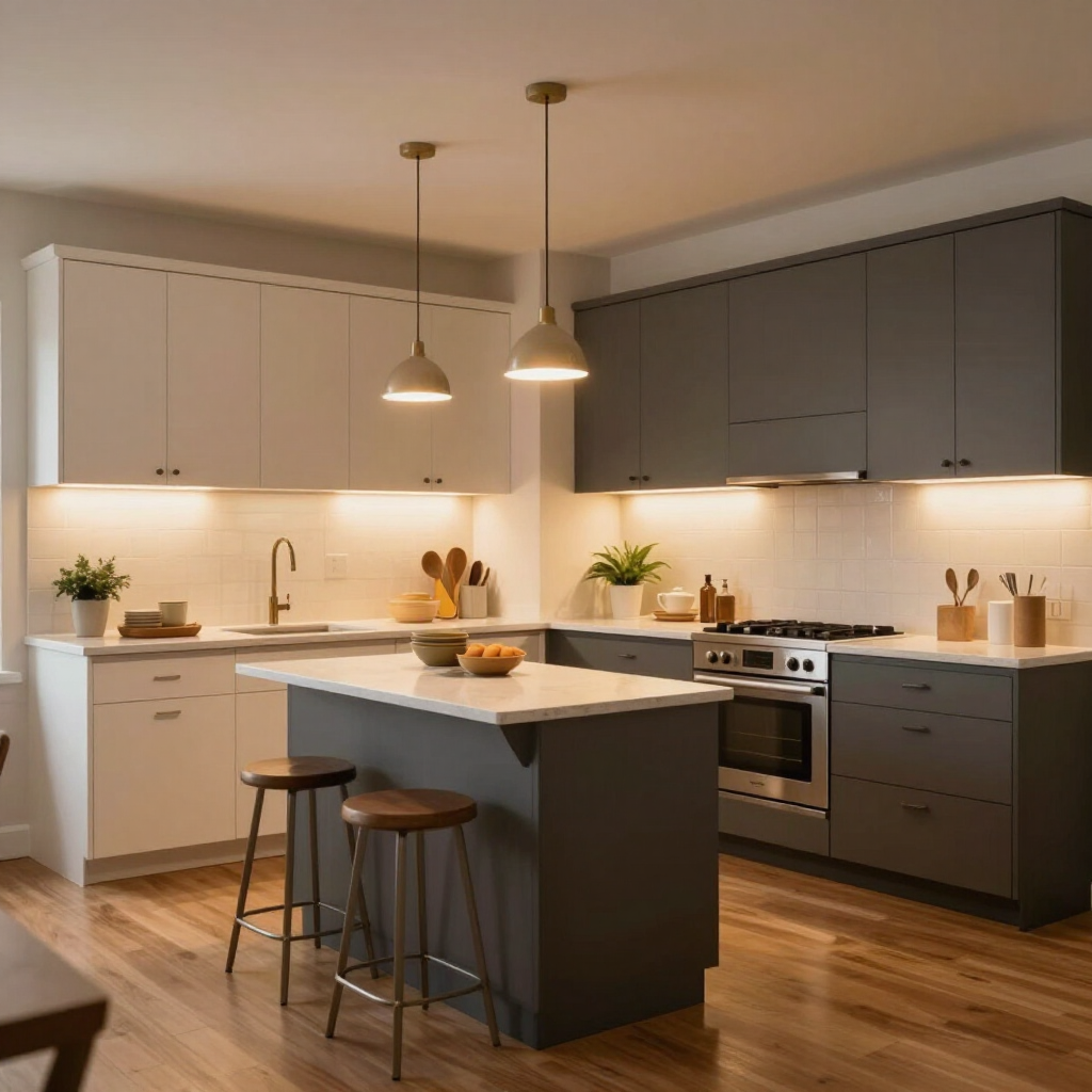 Cocina moderna con armarios blancos y gris oscuro, suelo de madera, isla y lámparas colgantes.