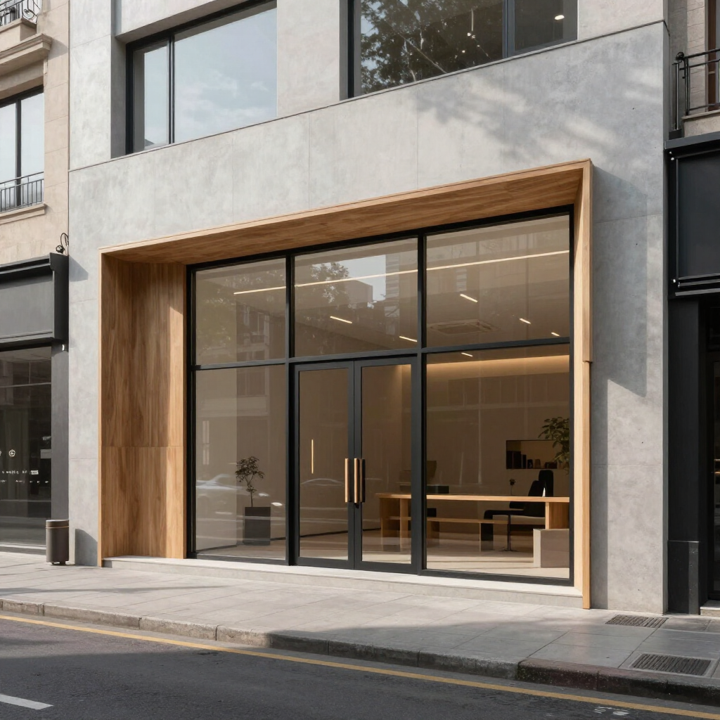 Local comercial moderno con grandes puertas de cristal, molduras de madera y un interior minimalista.