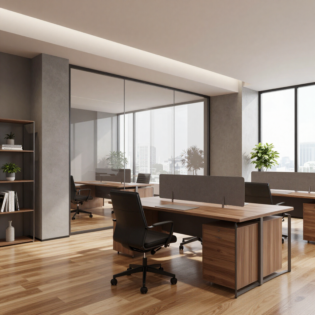 Interior de oficina moderno con escritorios de madera, sillas negras, mamparas de vidrio y grandes ventanales.