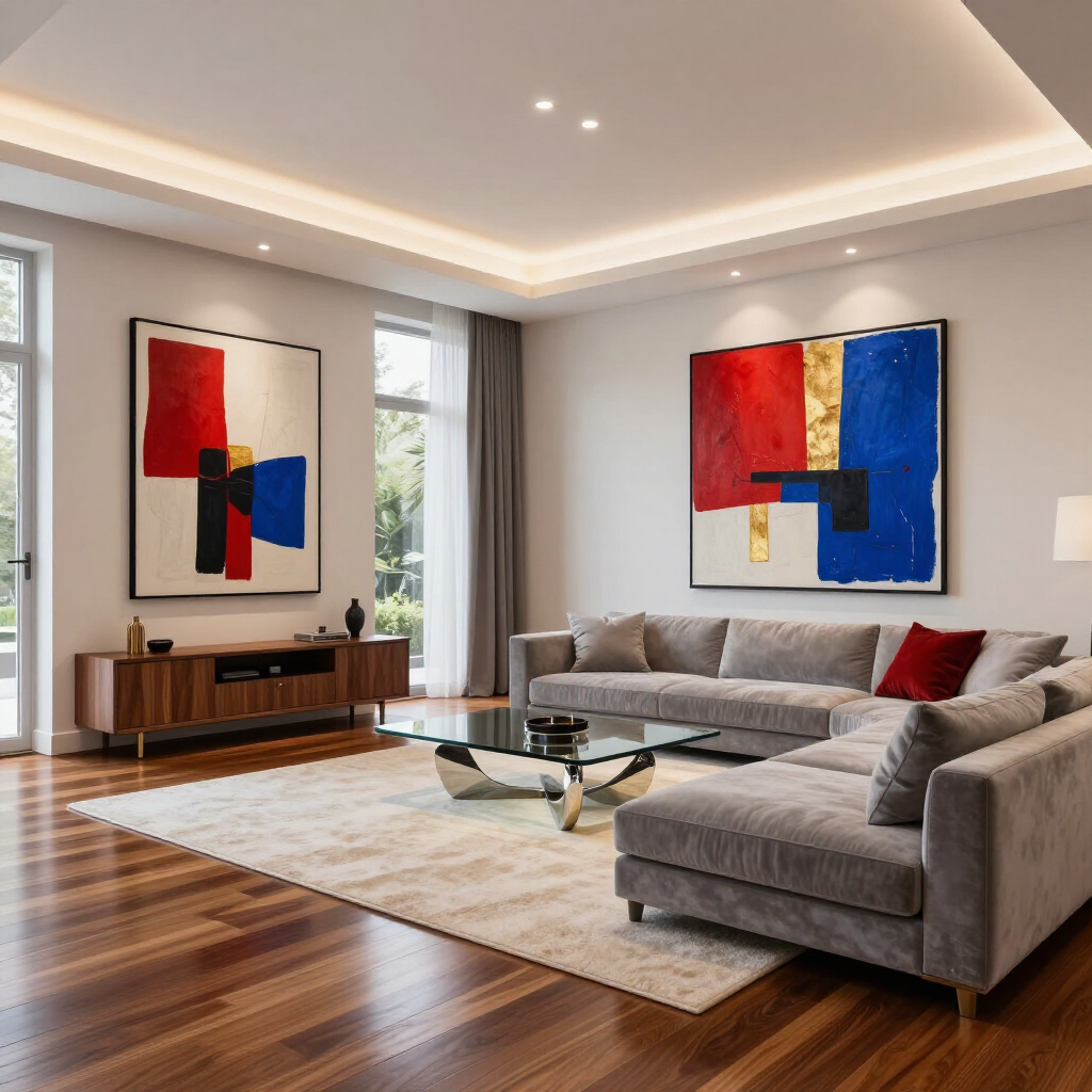 Sala de estar moderna con sofá modular gris, mesa de centro de cristal, suelo de madera.