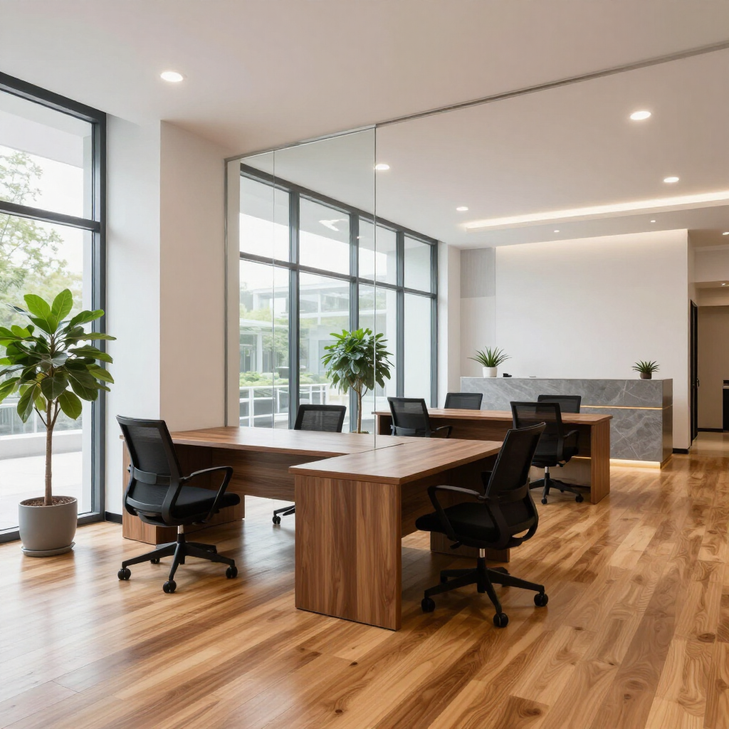 Oficina moderna con escritorios de madera, sillas negras, grandes ventanales y plantas en macetas.