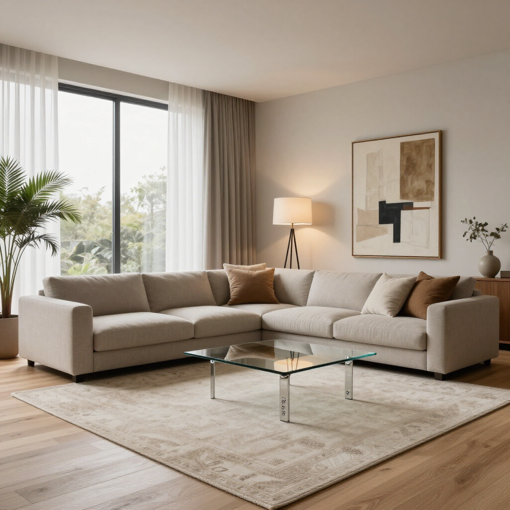 Sala de estar moderna con sofá seccional beige, mesa de centro de cristal, lámpara de pie, alfombra y ventana grande.
