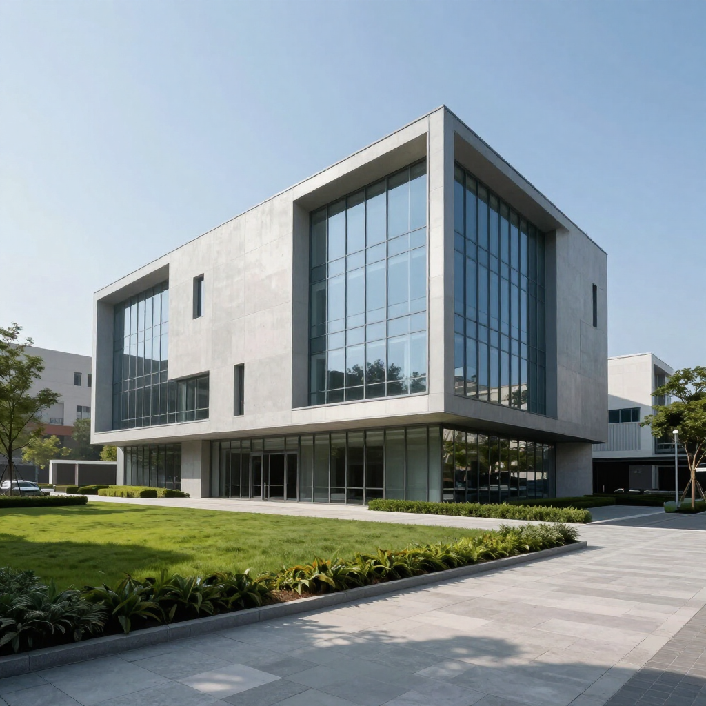 Edificio de oficinas moderno de color blanco con grandes ventanales y un jardín paisajístico.