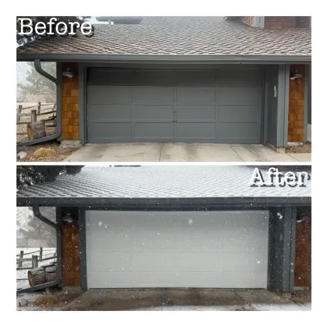 Before and after images showing a residential garage door being repainted from dark gray to a lighter, neutral color.