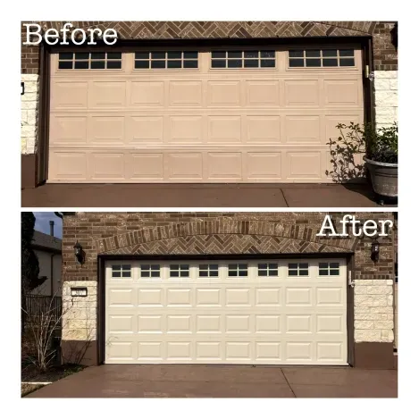 Before and after comparison of a residential garage door painted from a tan to a crisp, clean white.
