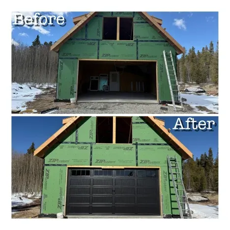 A before and after comparison of a green-sheathed building where a new black garage door has been installed.