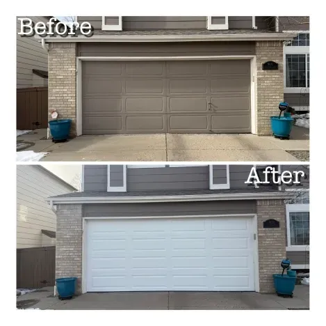Before and after comparison of a garage exterior showing a taupe door painted white to create a brighter contrast.