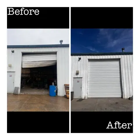 A split-screen comparison of a commercial garage door: the before shows a damaged, hanging door; the after shows it fixed.