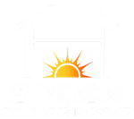 A white, stylized graphic of a sun rising over a structure, with text below reading