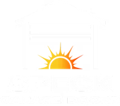 A white, stylized graphic of a sun rising over a structure, with text below reading