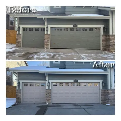 Before and after photos of a suburban home garage exterior, showing the doors painted from dark gray to light beige.